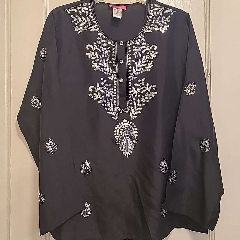 enough about me... Embellished Black Silk Tunic with Silver Accent M